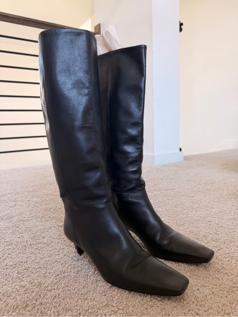Reformation Remy Leather Knee-High Square-Toe Kitten Heel Boots in Black - Picture 4 of 11